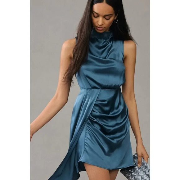 NWD By Anthropologie Mock-Neck Draped Silk Dress Size 8 Slate #GC212 - Picture 4 of 14